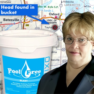 Pool chemical bucket alongside Detective Murphy with a map showing the location in the background